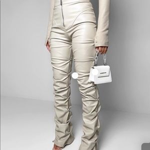 Maniere Devoir Beige Tacked Vegan Leather Trousers